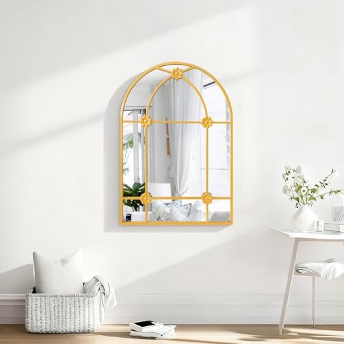 Wall Arched Mirror, Gold Metal Framed Arch Mirror Modern Artistic Decorative Mirrors for Bedroom Living Room Bathroom, 20x28 Inch Decor