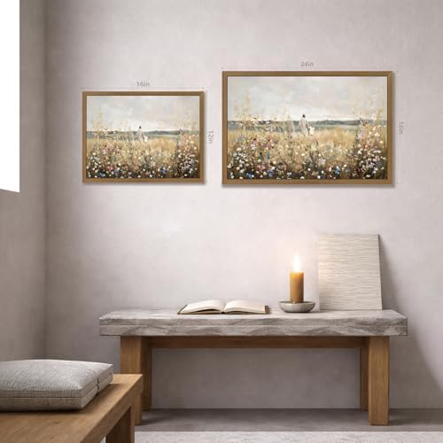 EisEver Jesus Walking with Girl Wall Art, Inspirational Christian Faith Decor, Rustic Wildflower Meadow Canvas Painting, Biblical Landscape Artwork or Church Kids Room Wood Framed 16x24 Inch