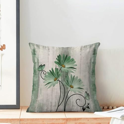 Green Floral Pillow Covers 18 x 18 Inch Set of 2 Daisy Floral Butterfly Decorative Throw Pillow Covers Linen Rustic Farmhouse Cushion Cases for Home Sofa Couch Living Room Decor