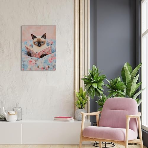 Framed Cat Reading Book Canvas Wall Art, Cute Pink Siamese Cat Wall Decor Print Painting, Funny Animal Lovers Picture for Bedroom Living Room Kids Room Girls Room Home Decor 16x24 Inch