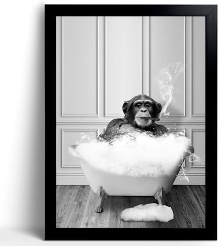Monkey in Tub - Black and White Animals Wall Art - Framed Canvas Wall Art, Black Framed Picture for Bathroom Wall Decor, Chic Animal Art for Kid Room Wall