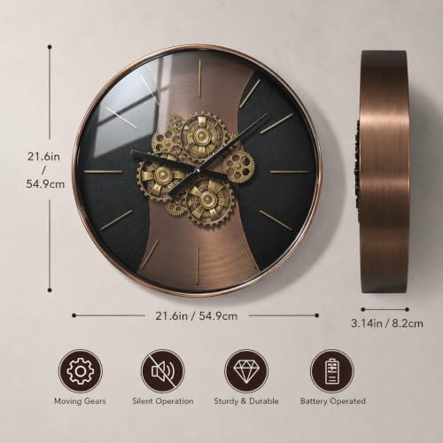 21.65 Inch Large Moving Gear Wall Clock for Living Room Decor Battery Operated Steampunk Industrial Style, Fireplace Kitchen Office Wall Decor Luxury Antique Rosegold