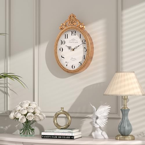 Abdurey Small French Retro Decor Wall Clock,Antique Gold Vintage Oval Style
