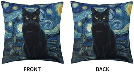 Black Cat Starry Night Throw Pillow Cover, 18x18 Inch