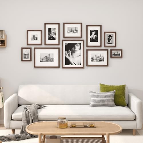 Egofine 12x16 Picture Frames Set of 4, Made of Solid Wood Covered by Plexiglass 9x12 and 11x14 with Mat or 12x16 without Mat, for Wall Mounting Photo Frame Brown