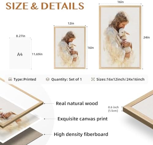 EisEver Jesus Holding Lamb Wall Art, Christian Good Shepherd Religious Decor, Inspirational Jesus and Lamb Canvas Print, Biblical Faith Artwork for Bedroom Prayer Room Church Wood Framed 16x24 Inch