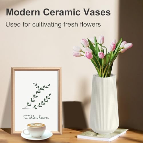 White Ceramic Vase for Flowers, Tall Home Decor Vase with Ribbed Texture, Vases for Centerpieces, Farmhouse Decor, Living Room, Decor Bedroom, Table, and Kitchen Shelf (XL White)