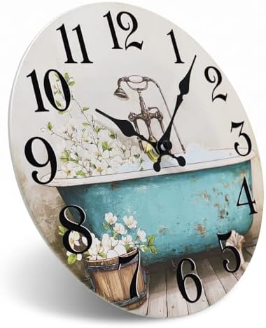 Bathtub Waterproof Clock for Bathroom, 8 Inch Small Wall Clocks Battery Operated with Glass, Silent Wall Clock Non Ticking, Vintage Bathroom Wall Clock Decorative for Restroom, Laundry Room