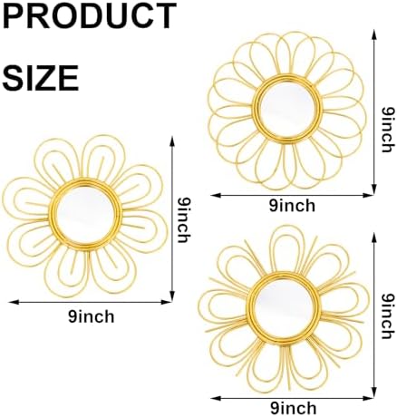 Gold Mirrors 3 Piece, 9 inch Flower-Indoor Shaped Mirror Hanging Wall Decor | Indoor Decorative Mirror Wall Art,Round Mirrors for Bedroom Wall Hanging,Living Room,Bathroom,House Warming Festival Gifts