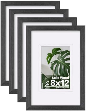 Egofine 8x12 Picture Frames Set of 4, Made of Solid Wood Covered by Plexiglass 5x7 and 6x8 with Mat or 8x12 without Mat, for Table Top Display and Wall Mounting Photo Frame Rustic Black