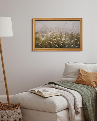 WHASAYART Gold Framed Vintage Wall Art for Living Room Wildflower Field Landscape Decor Aesthetic Gift for Mom Oil Painting Flower Wall Print Floral Pictures Canvas Artwork Shelf Decor 16x24in