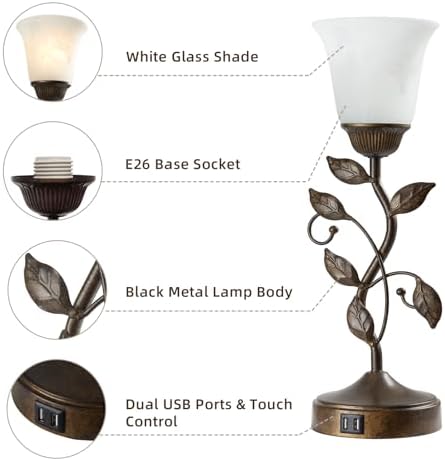 Touch Bedside Table Lamp for Living Room with 2 USB C+A Ports