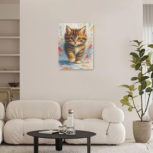 Graffiti Cat Wall Art Cute Cat Painting Canvas Wall Decor Kitten Picture Framed Artwork Decoration Gifts for Lover Women Girl Bathroom Bedroom Kitchen Living Room Office 12"x16"