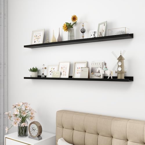 Acovy Picture Ledge Shelf, Wood Long Floating, Set of 2, 56 inch, Black