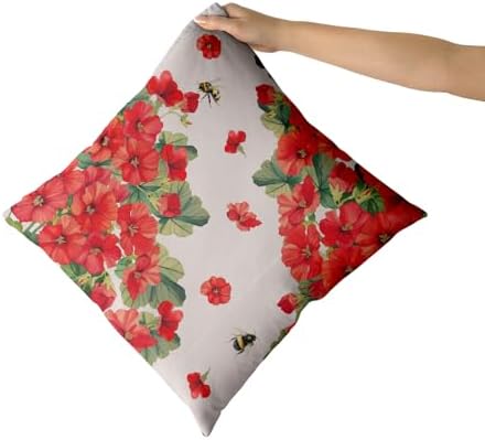 Giwawa 2PCs Geranium Throw Pillow Covers, 20"x20" Spring Summer Red Floral Bees Decorative Cotton Pillow Cases, Watercolor Flower Blossom Square Cushion Cover Sofa Couch Porch Living Room