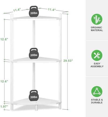Wisuce White Small Corner Shelf Stand, 3-Tier Bamboo Corner Bookshelf