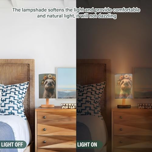 Cute Sloth LED Table Lamp - Modern Minimalist Bedside Lamp with Round Flaxen Fabric Shade for Nightstand, Perfect for Bedroom Ambiance