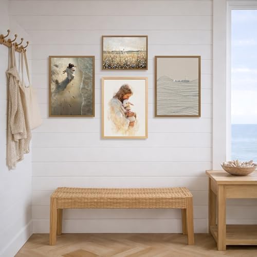 EisEver Jesus Hugging Woman Wall Art, Christian Beach Footprints Wall Decor, Inspirational Religious Faith Artwork, Jesus on Beach Canvas Painting for Church Prayer Room Wood Framed 12x16 Inch