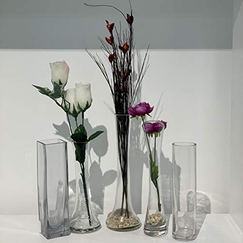 WGV Maria Bud Vase Bulk, Width 2", Height 10", Clear Slant Cut Opening Gathering Concaved Glass Floral Container Centerpiece for Wedding Party Event Home Office Decor, 24 Pieces
