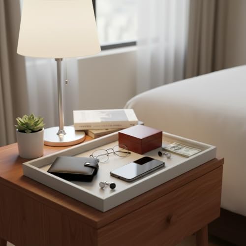 25 * 15 Inch Rectangular Ottoman Tray | Textured PU Leather, Waterproof & Heat-Resistant Storage for Coffee/Dining Tables, Sofa, Bed, Entertainment & Party (Tranquil Beige, 25 * 15in)