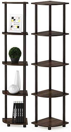 Furinno TURN-N-TUBE Corner Shelf Set of 2, 5-Tier Corner Bookshelf, Open Storage Shelves, for Organization and Storage, Living Room, Home Office, Garage, Walnut