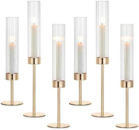 Hewory Gold Taper Candle Holders: Candlestick Holders Set of 6 Hurricane Glass Tall Candle Holder for Candlesticks Candle Sticks Holder Decor for Table Centerpiece Wedding Party Christmas Decorations