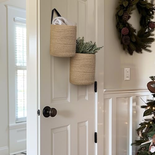 Hanging Basket 2 Pack, Small Wicker Wall Baskets for Organizing, Woven Boho Wall Hanging Decor, Indoor Plant Holder, Cotton Rope Door Organizer, Shelf Storage Bin, 7"D x 8"H (Jute)