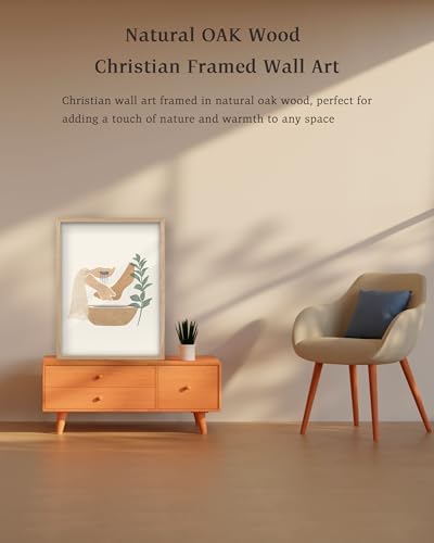 KensTro 12x16 Oak Framed Jesus Washing Feet Boho Christian Wall Art | Natural Oak Wood Frame with Minimalist Foot-Washing Scene, Neutral Faith Decor for Living Room, Bedroom or Prayer Space