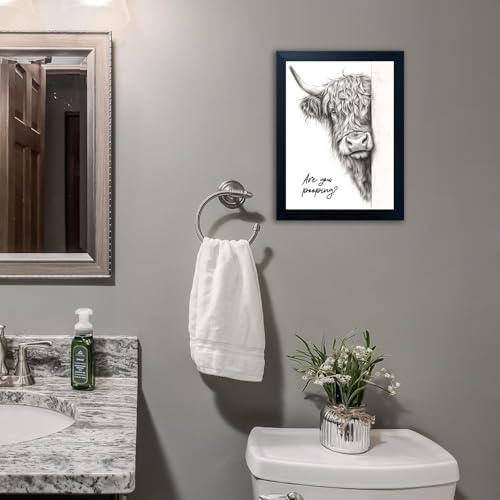 Funny Highland Cow Bathroom Wall Art - Rustic Farmhouse Wall Decor with Humorous Are You Pooping Canvas Print, Cute Animal Canvas Art for Restroom - Black Framed Cow Pictures Wall Decor Ready to Hang 16"x20"