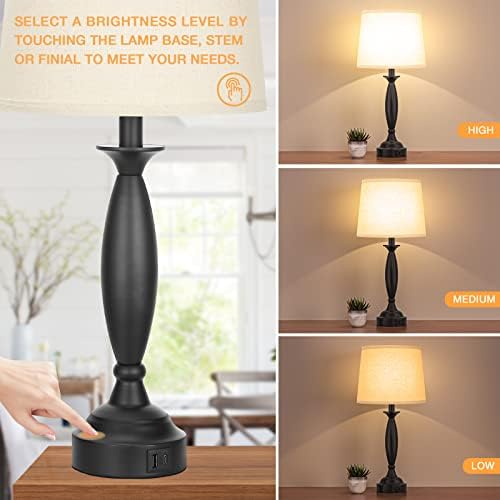 Bedroom Lamps for Nightstand, 3 Way Dimmable Black Bedside Lamps with USB