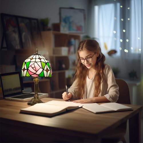 Small Tiffany Table Lamp, 3 Color Temperature, 8 Inch Antique Stained Glass Lamp for Bedroom Living Room Home, Handcrafted Light, Included Bulb (D Rose)