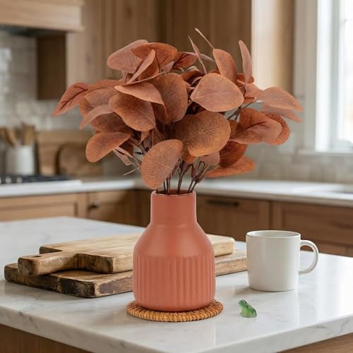 Artificial Eucalyptus Greenery Stems in Ceramic Vase 10Pcs Fake Plants Eucalyptus Leaves for Centerpiece Table Decorations Home Room Decor Office Desk Decor Small Fall Plant Decor