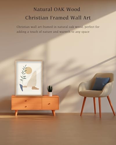 KensTro 16x20 Oak Framed Woman Touches Jesus' Robe Christian Wall Art | Natural Oak Wood Frame with Minimalist Biblical Healing Scene, Neutral Faith Decor for Living Room, Bedroom or Prayer Space