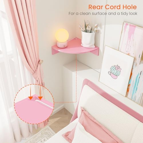 Homode Corner Shelf Wall Mount, Set of 3 Corner Floating Shelves with Cable Hole, 3 Tier Wood Corner Hanging Shelves, Living Room Bedroom Bathroom, Pink