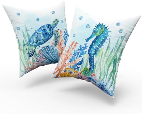 Giwawa Coastal Ocean Pillow Covers Set of 2, Sea Turtles Seahorse Decorative Throw Pillow Cases 20"x20", Watercolor Marine Animals Double Sided Square Cushion Covers for Sofa Couch Bed Car