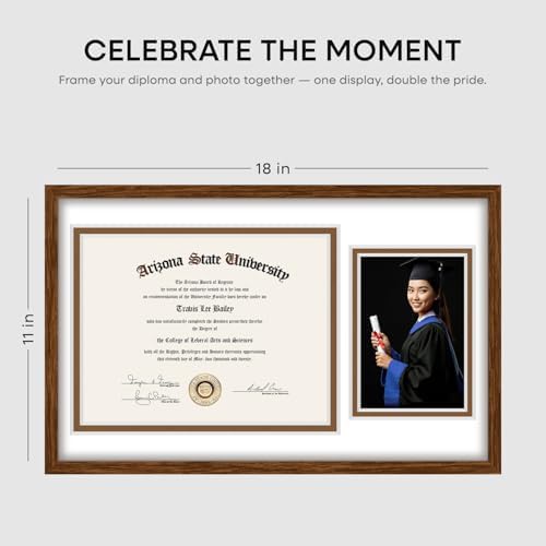 Homeforia 11x18 Brown Oak Diploma Frame, High-End Wood, 8.5x11 & 5x7 Mat