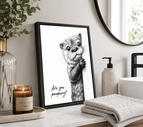 Black Framed Funny Otter Canvas Wall Art, Black White Humorous Animal Bathroom Poster Print Artwork, Are You Pooping Painting Picture Wall Decor, for Restroom, Bathroom, Toilet Home Decoration 12x16in