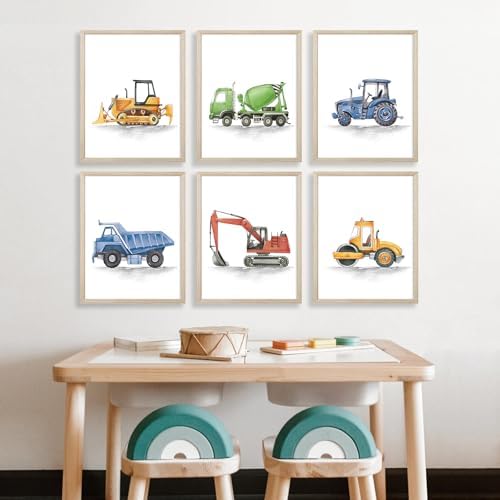 Boys Truck Wall Art Set of 6 Truck Vehicle Canvas Wall Decor Toddler Construction Wall Art Watercolor Playroom Kids Pictures Prints Nursery Artwork for Room Bedroom 12x16 Inch Wood Framed