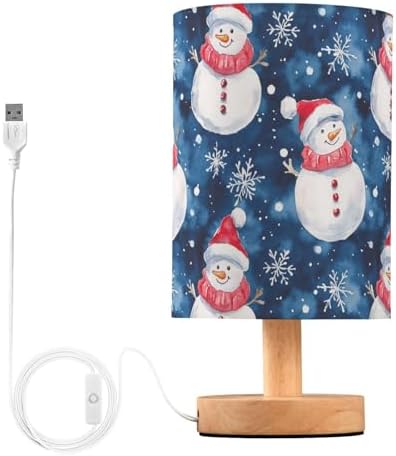 Winter Snowflake and Snowman Navy Blue and White Bedside Table Lamps with USB Port for Bedroom Lamp Accent Table Lamp Small Nightstand Lamp Linen Shade Wood Decorative Lamps for Home|Kids|Holiday