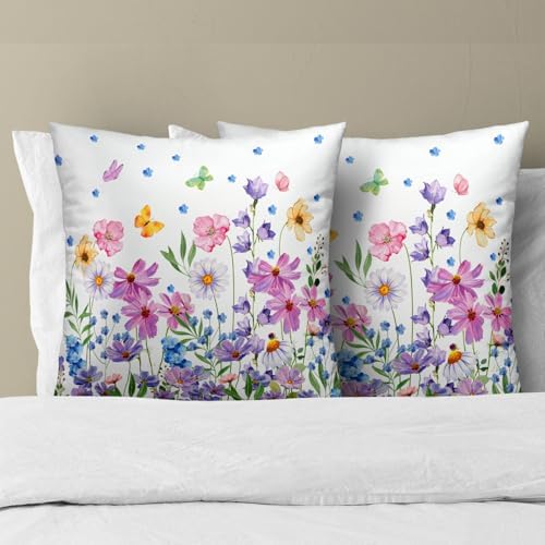 Watercolor Floral Pillow Covers 24x24 Inches Set of 2 Spring Summer Wildflower Butterfly Cotton Cushion Covers for Home Home Sofa Couch