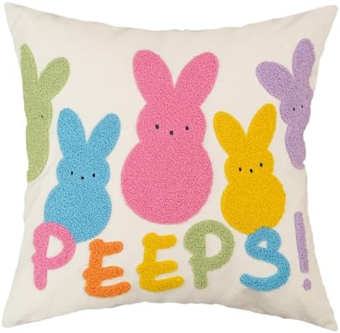 GEEORY Easter Embroidered Pastel Bunny Peeps Pillow Cover 16x16 Inch, Easter Decorations Farmhouse Decor Canvas Cushion Case for Living Room, Sofa & Bed GX019-1-16