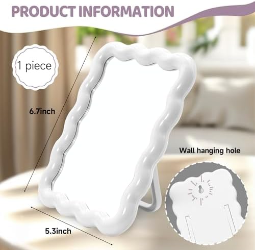 Philbinden Cute Wave-Shaped Desk Vanity Makeup Mirror,Portable Aesthetic Folding Mirror Travel Make Up Mirror for Standing/Hanging,Home Decorations Mirror for Women Girls (1, White)