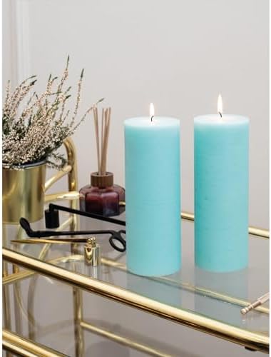 CANDWAX Light Turquoise Pillar Candles 3x8 Inch – Set of 2 Unscented Dripless Large Candles, Rustic Look for Weddings, Events, Home Decor