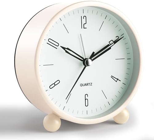JALL Analog Alarm Clock, 4 inch Super Silent Non Ticking Small Clock with Night Light, Battery Operated, Simple Design, Old Fashioned Style Cream Decor, for Bedroom, Bedside, Desk, Adult, Gift, White