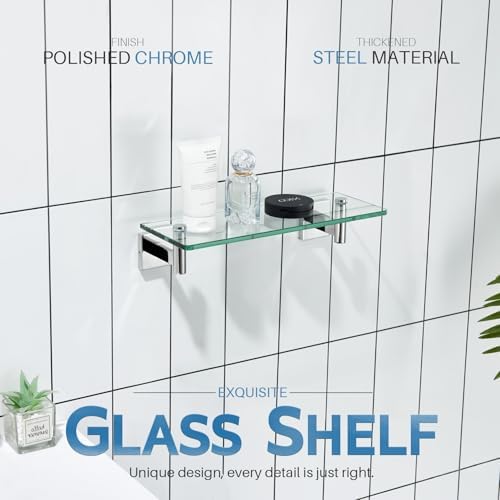 KOKOSIRI Bathroom Shelves Wall Mounted Floating Glass Shelf Polished Stainless Steel 12-Inch Small Hanging Rack for Storage/Room Decor B1105CH-L12