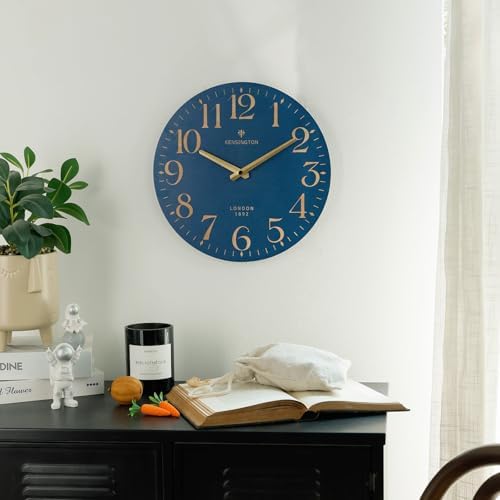 NIKKY HOME Navy Blue Wooden Wall Clock 12 Inch - Battery Operated Silent Non Ticking Clock Decor for Kitchen, Living Room, Bathroom, Office