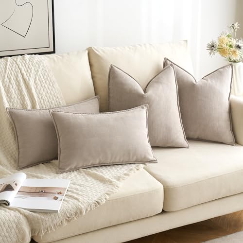Beige Chenille Lumbar Pillow Covers 12x20 Inch Set of 2