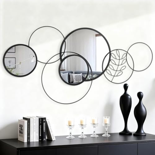4 PCS Round Wall Mirror,Black Metal Framed Circle Mirror Set Modern Decorative Mirrors for Living Room Bedroom Entryway Bathroom 16x32 Inch Home Decor
