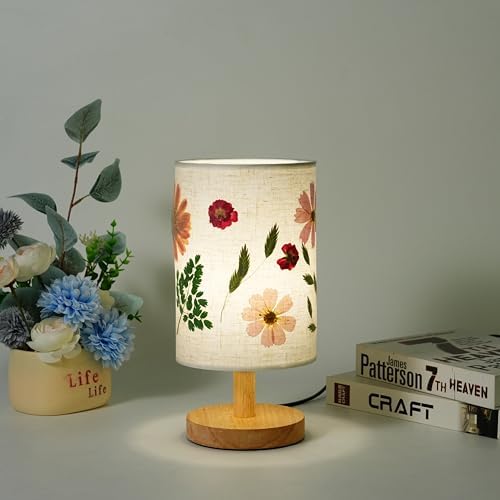 Decorative Table Lamp with Floral Shade Design, Wooden Base, Fabric Lampshade, Ambient Lighting for Bedroom, Living Room (Beige)