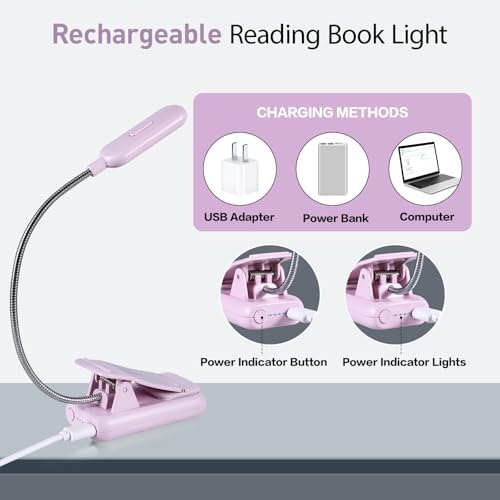 VAVOFO Rechargeable Book Light, Blue Light Blocking, Amber 1600K Clip On Reading Light, Eye Care 7 LEDs Kids Book Light for Reading in Bed with Power Indicator for Bookworms (Pink Purple)